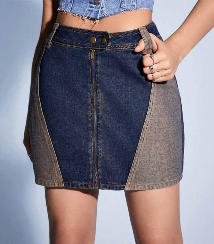 Summer Retro Casual Zipper Denim Skirt With Colorblock Design