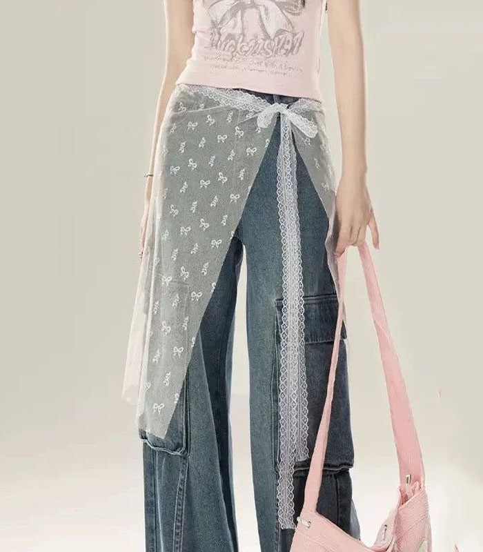 Sheer Lace Ribbon Embellished Denim Skirt & Trousers Set