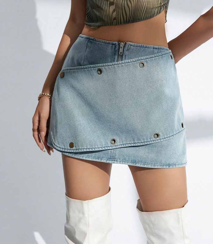 Women's Distressed Denim Mini Skirt with Metal Rings