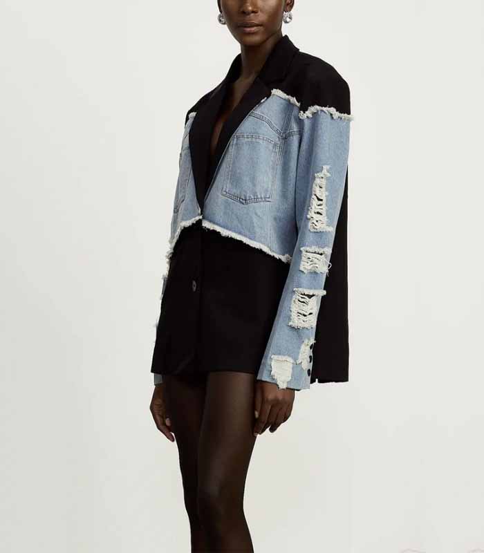 Tailored Patchwork Denim Jacket with Raw Edges