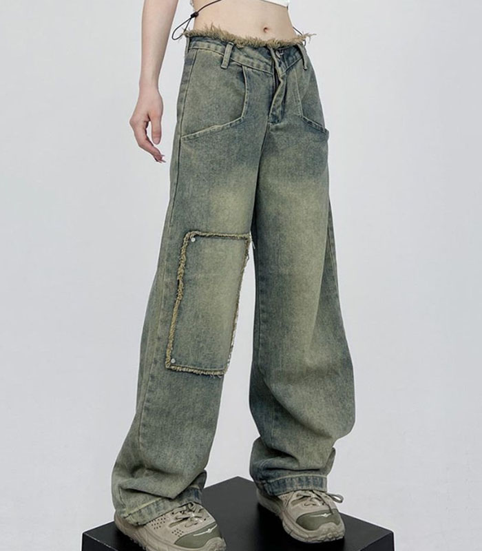 Women's Edge Patch Design Neutral Style Jeans American Vintage High Waisted Cowboy Pants Female Straight Wide Leg Denim Trousers Pants Retro Blue