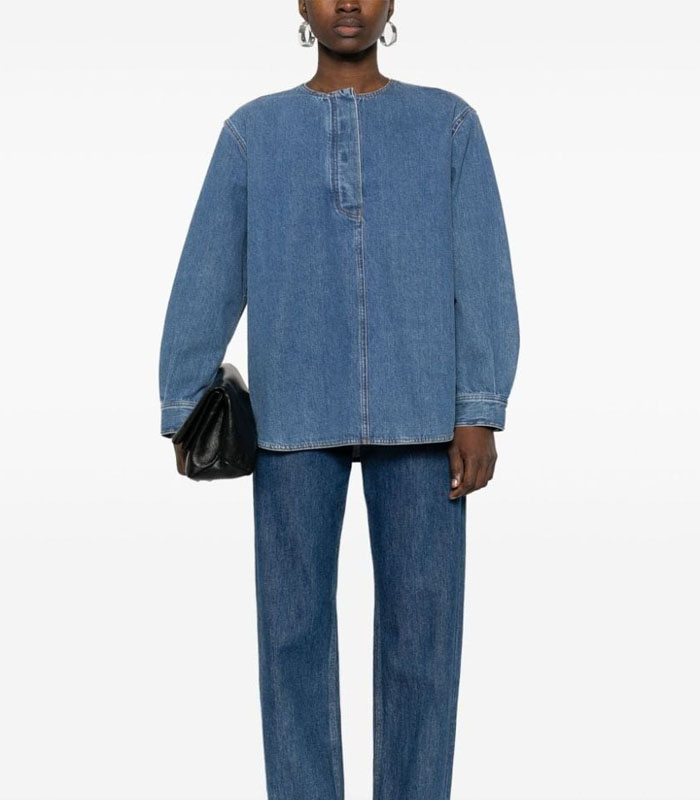 Women's Collarless Solid Washed Long-Sleeve Denim Shirt