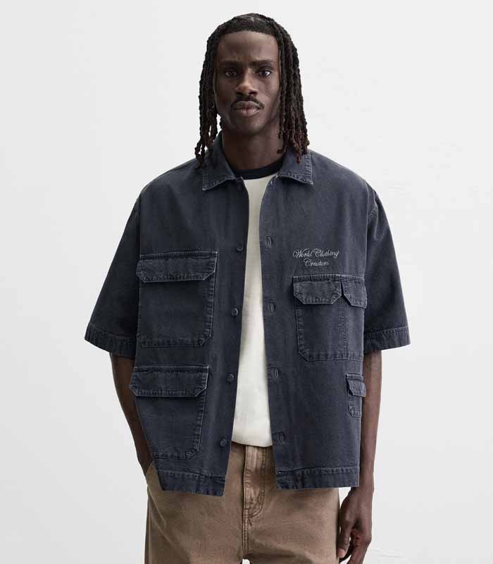 Men's Grey Embroidered Patch Pocket Short-Sleeve Denim Shirt