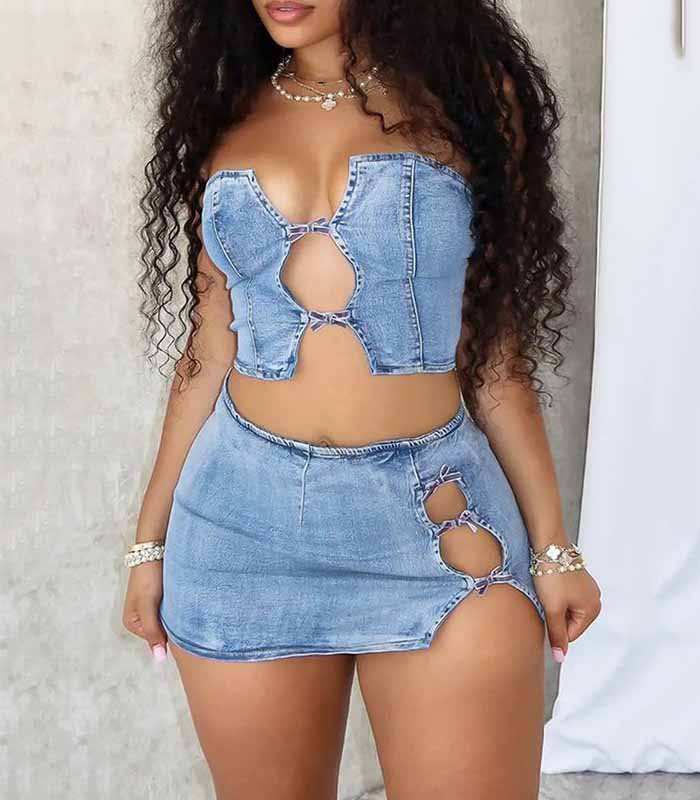 Sexy Fitted Plus Size Denim Vest Set