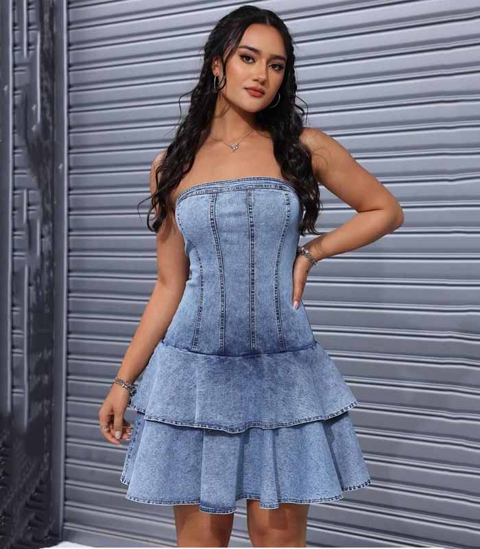 Women's Layered Ruffle Hem Tube Denim Dress