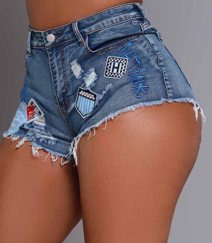 High Rise Denim Patch Shorts - Med Wash