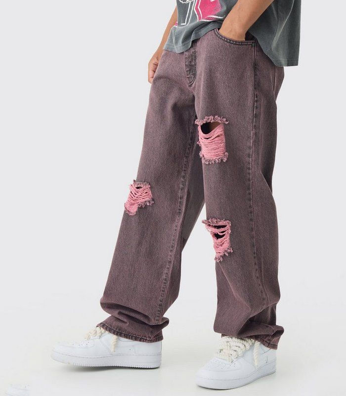 Men's Distressed Red-Purple Washed Motorcycle Jeans
