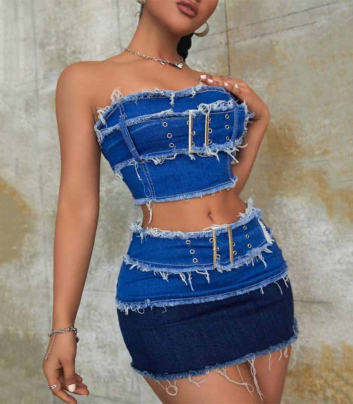 Raw Trim Colorblock Buckle Detail Denim Tube Top & Belted Bodycon Mini Skirt