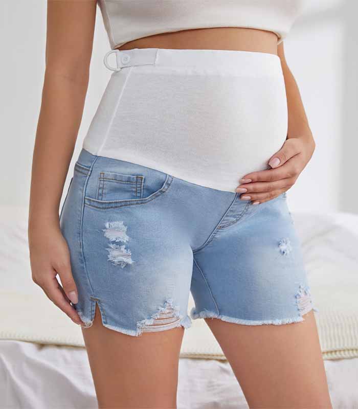 Maternity Ripped Detail Wide Waistband Denim Shorts