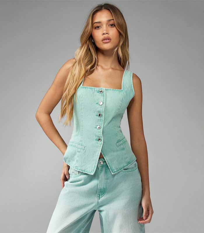 Womens Denim Corset Top Button-Front Square Neck Sleeveless  sets