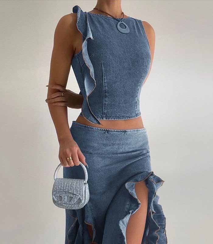 Flower Bud Design Cropped Denim Vest