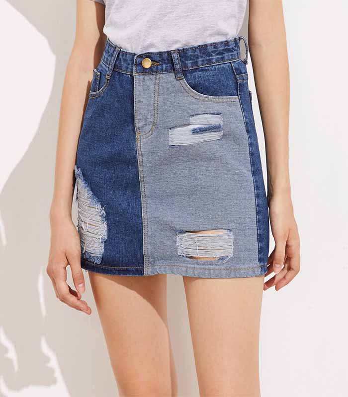 Two Tone Ripped Denim Skirt