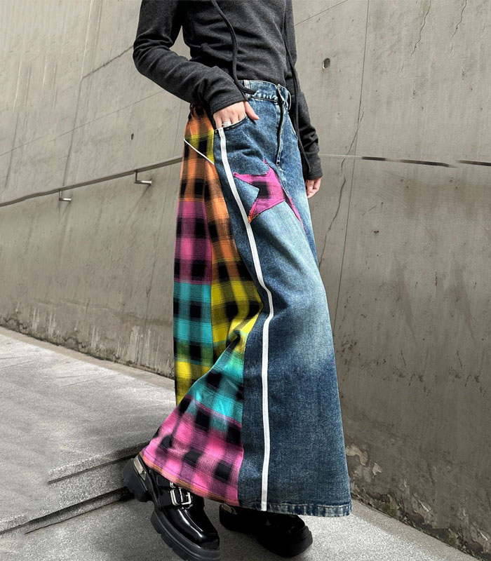 Asymmetric Plaid Patchwork Maxi Denim Skirt – Creative Casual Style
