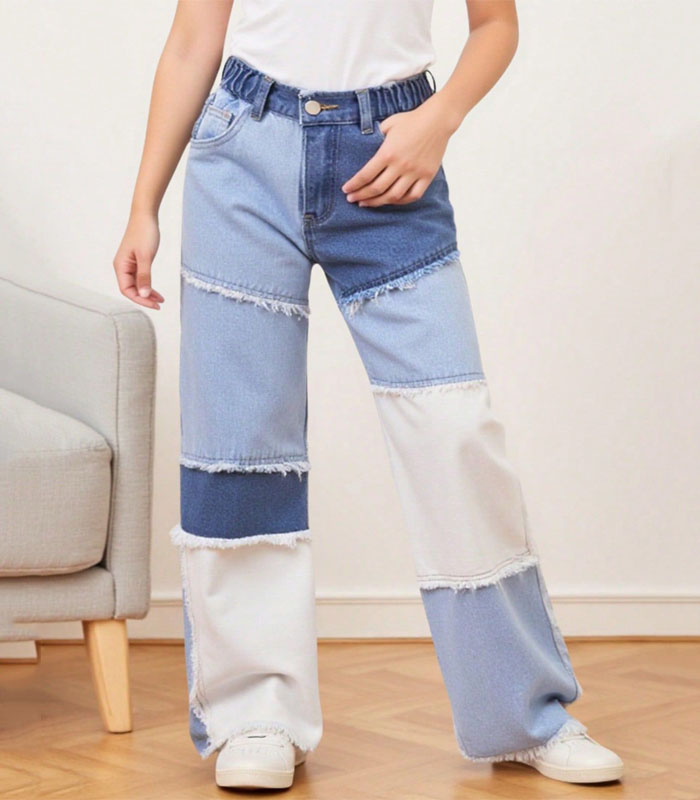Women's Color-blocked Raw Hem Straight Leg Jeans with Elastic Waistband