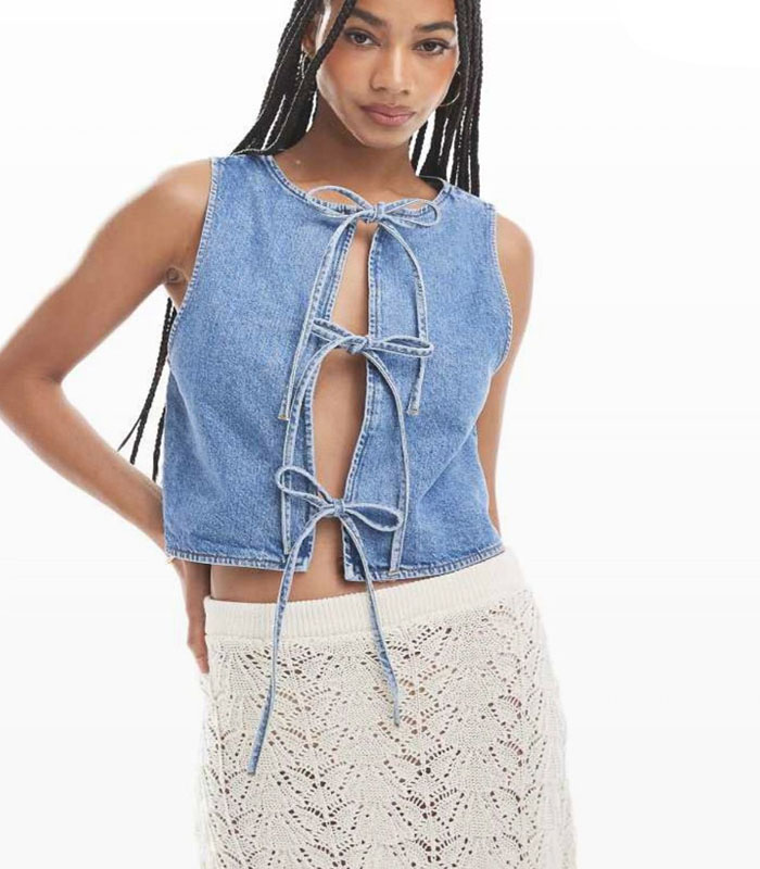 Sexy Women's Denim Vest – Front Tie Design, Stretch Fit, Light Wash