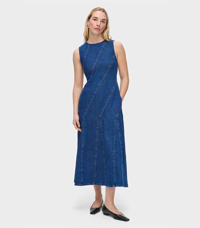 Fitted denim pinafore with round neck