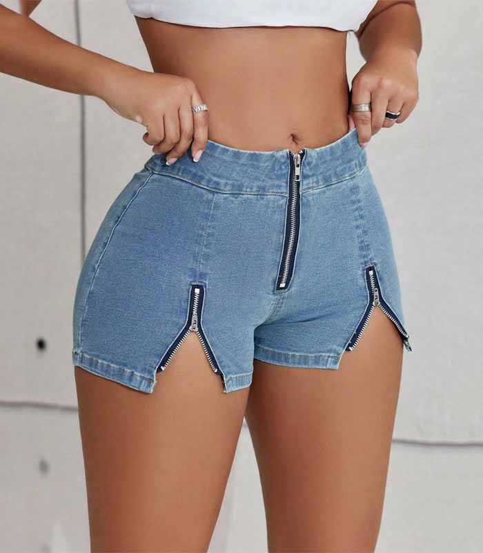 Hottie Street High Waist Zipper Decor Stretchy Skinny Denim Mini Shorts