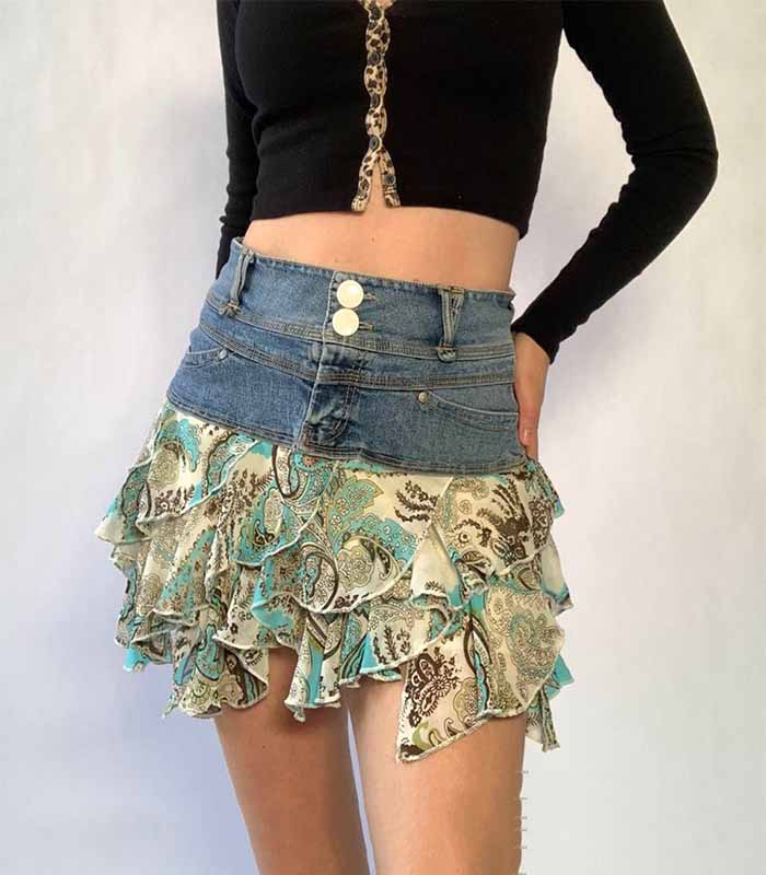 Ethereal Denim Mixed Fabric Short Skirt