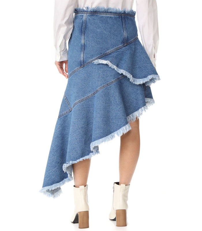 Double-layer raw hem asymmetric denim skirt in light wash blue