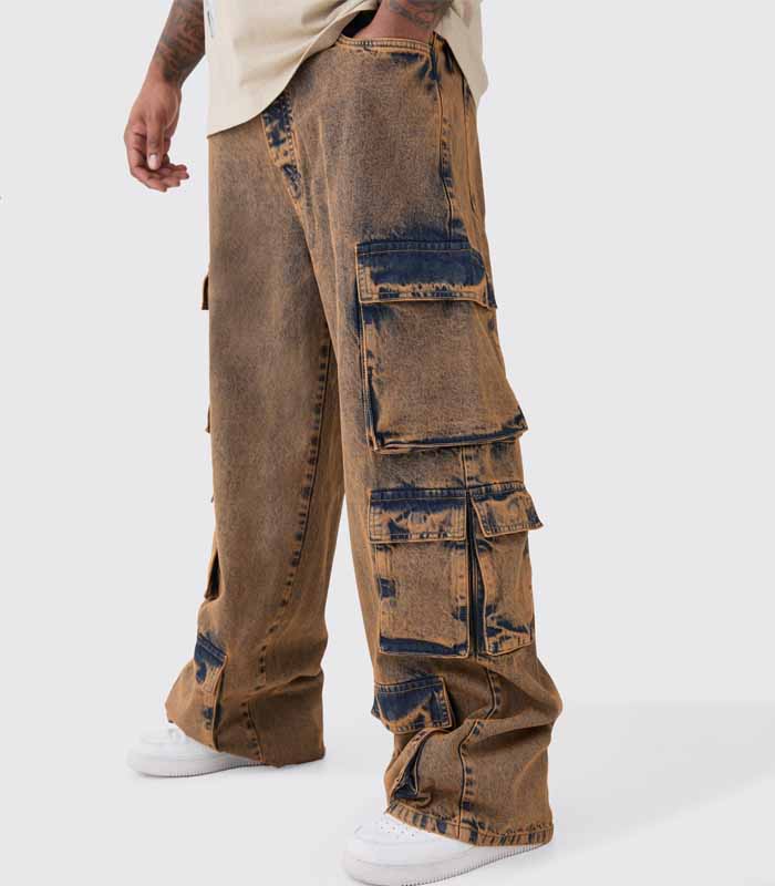 Mens Grey Plus Baggy Fit Acid Wash Cargo Jeans
