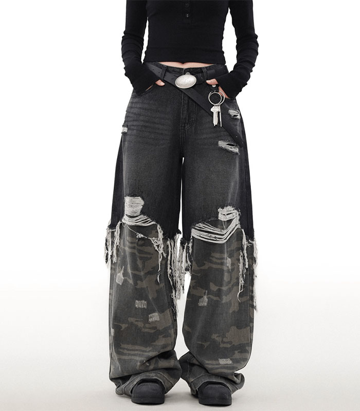 Streetwear Camouflage Panel Black Washed Denim Pants - Boyfriend Style