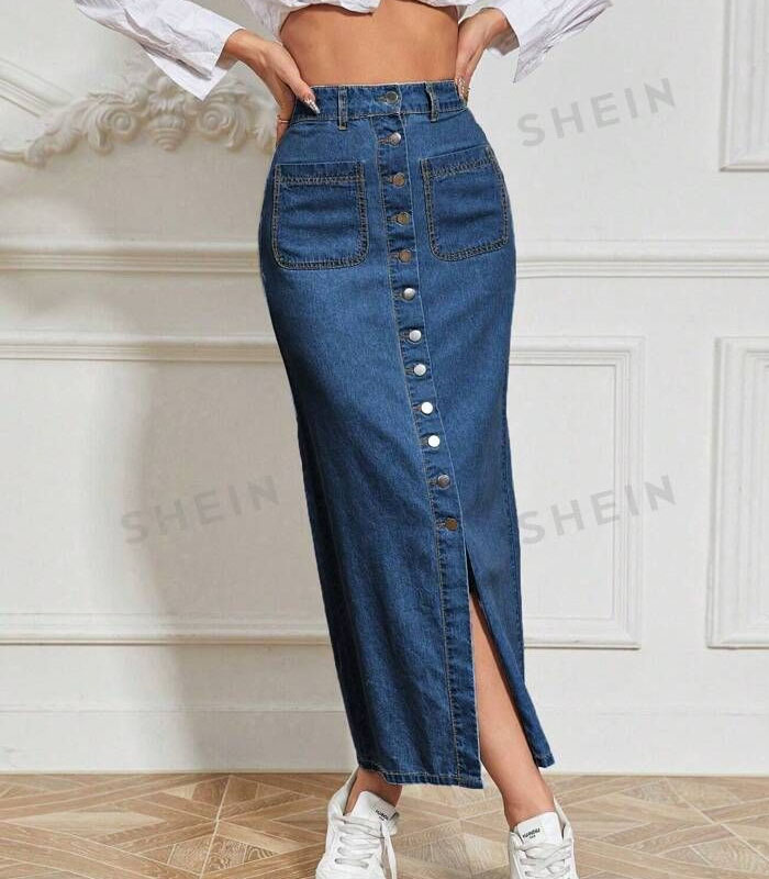 Distressed Hem Blue Washed Denim Skirt with Front Buttons & Dual Pockets