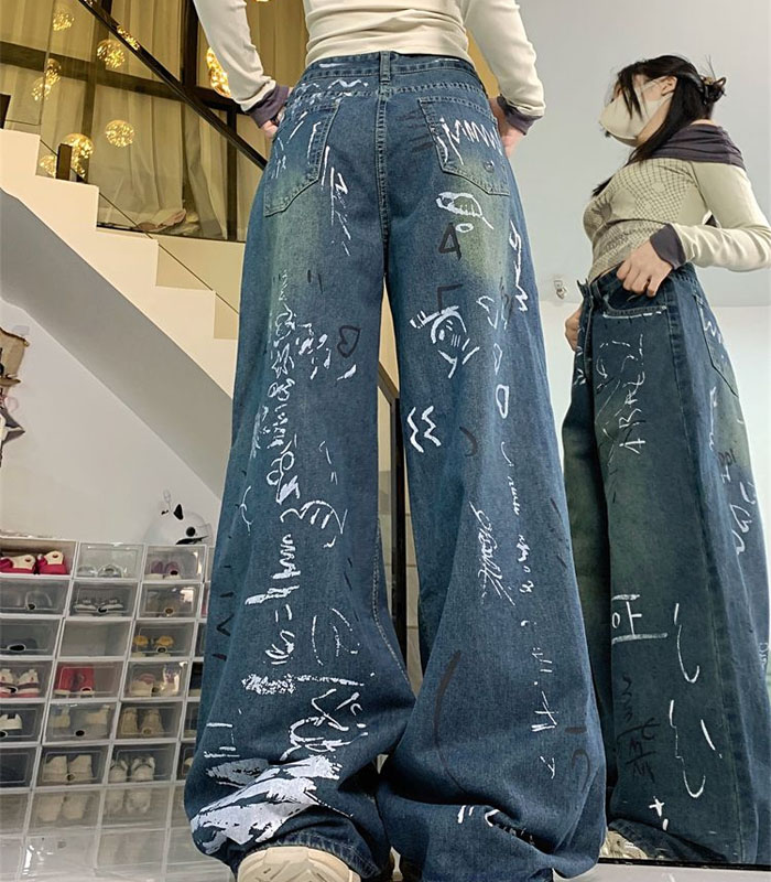 Unisex Jeans Vintage Street Casual Denim Trousers Female High Waist Straight Pants Printed straight-leg jeans