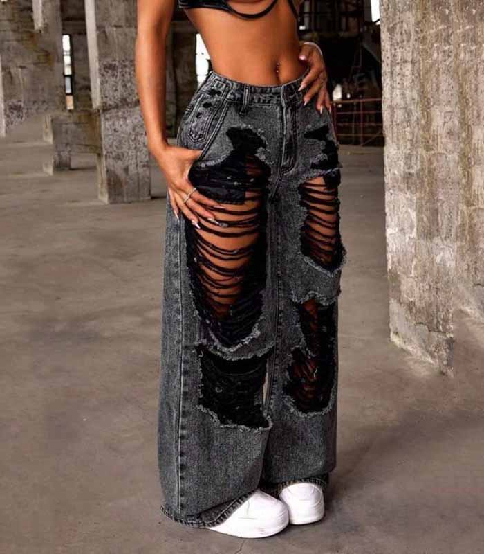 Women's black destroyed wide-leg denim pants
