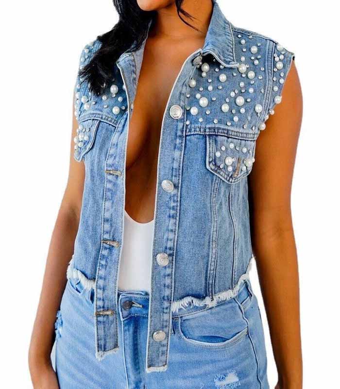 Diamond Denim Vest Jacket Denim Shawl For Women Dingzhu Inlaid