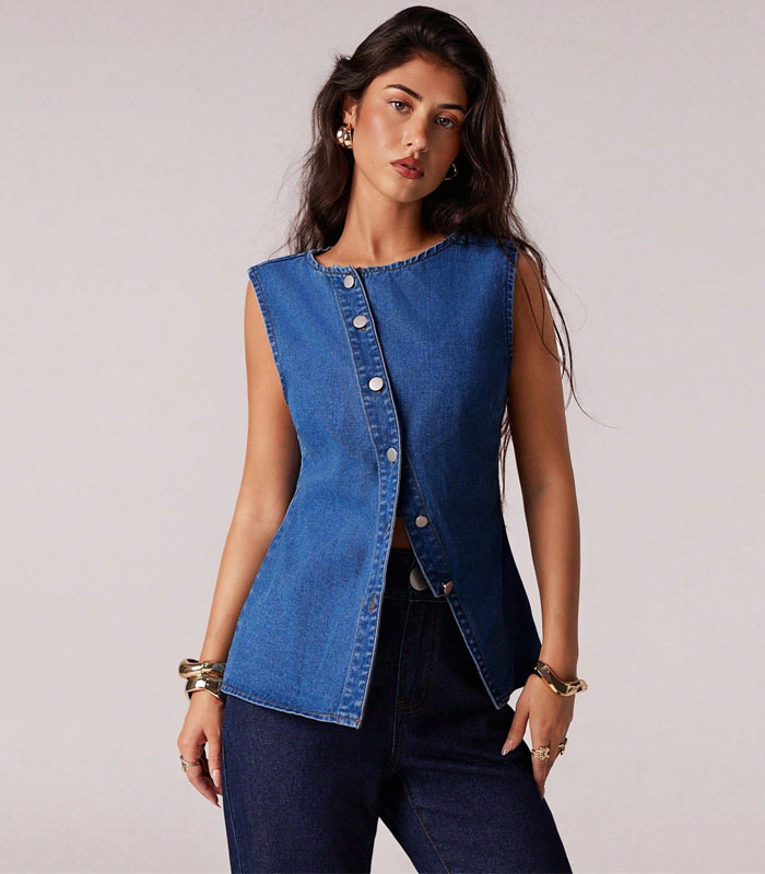 New Style Summer Round Neck Sleeveless Oblique Placket Design High Street Cool Girls Denim Tank Top