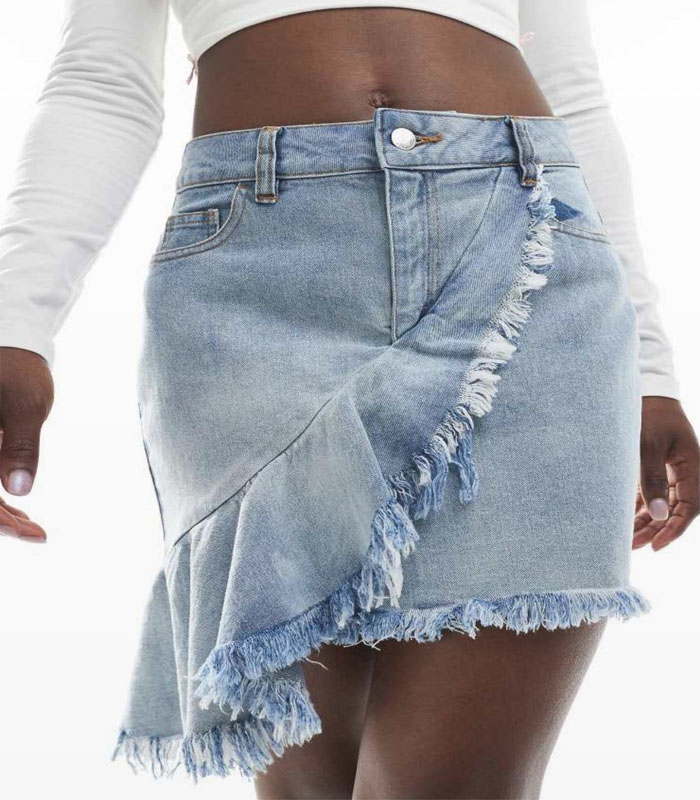 asym frill denim mini skirt in mid blue wash