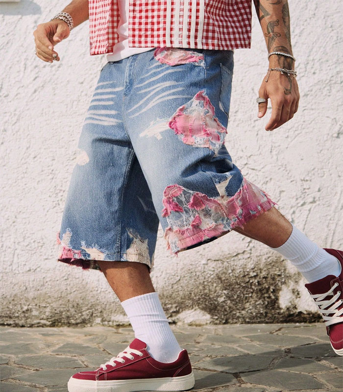 Men's Summer Casual Floral Embroidered Denim Shorts