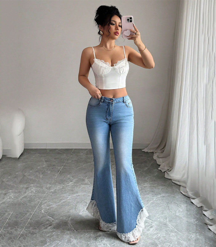 Elegant Women's Flared Denim Pants For Outdoor