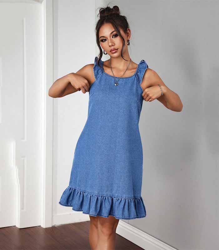 Women Casual Simple Ruffle Trim Sleeveless Denim Dress