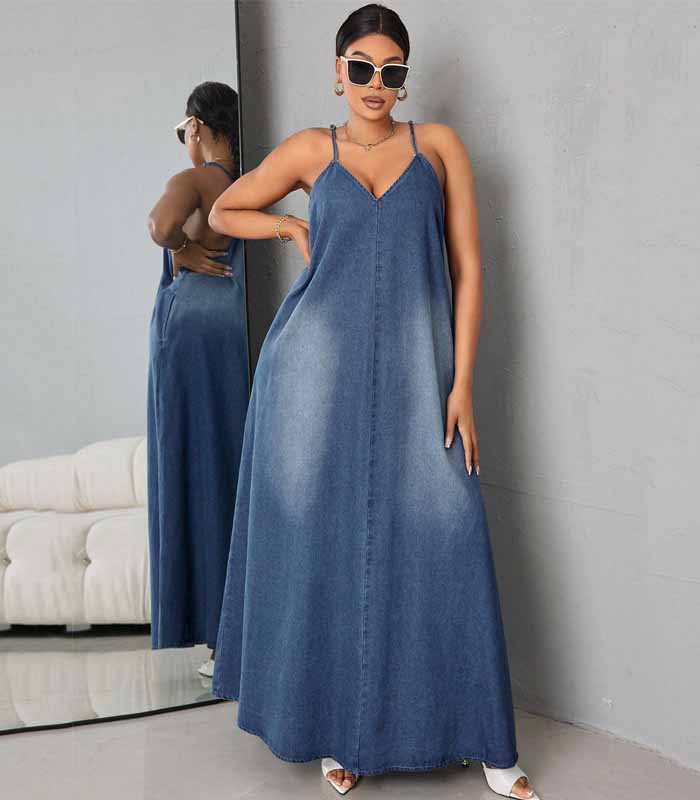 Plus Size Women's Loose Denim Overall Dress With Straps