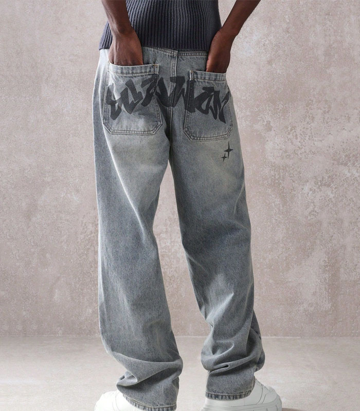 Designer Wide Leg Cross Print Jeans Gothic Alternative Fashion Statement Denim Pants Streetwear Baggy Fit Cross Motif