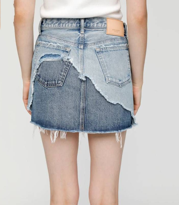 Upcycled Color-Block Patchwork Denim Skirt with Raw Hem & Vintage Wash
