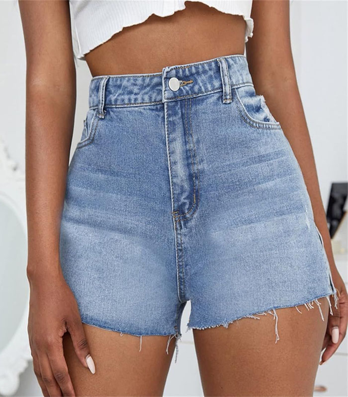 Women's High-Waisted Jeans Shorts Casual Summer Stretchy Jeans Frayed Raw Hem Ripped Summer Denim Shorts