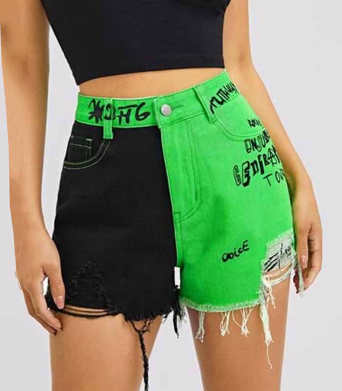 Women’s Distressed Denim Shorts with Letter Print & Green Patchwork