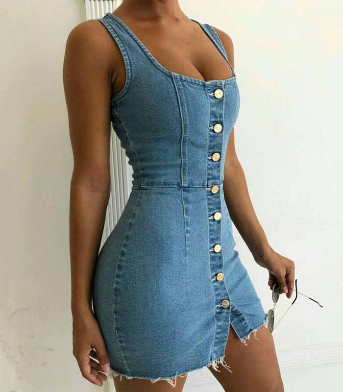 Button-Front Frayed Hem Denim Dress