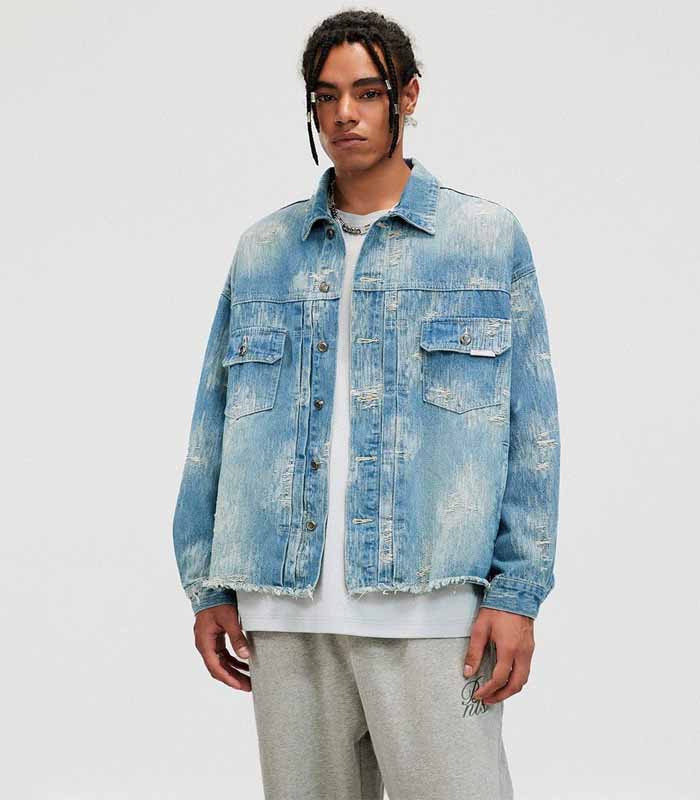 Men's Light Wash Distressed Denim Jacket with All-over Abrasions, Raw Hem & Frayed Detailing