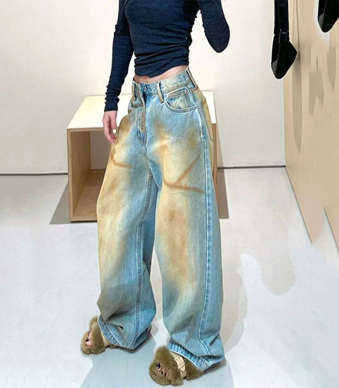 Blue Women Jeans Streetwear Vintage Fashion High Waisted Wide Leg Jean Female  Hip Hop Baggy Denim Pants - Blue 
