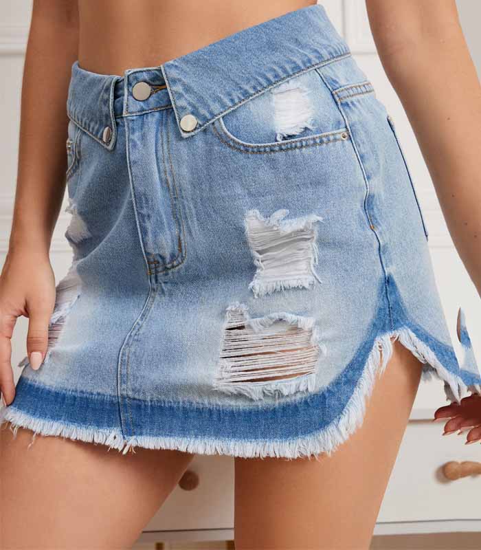 Ripped Raw Cut Split Hem Denim Skirt