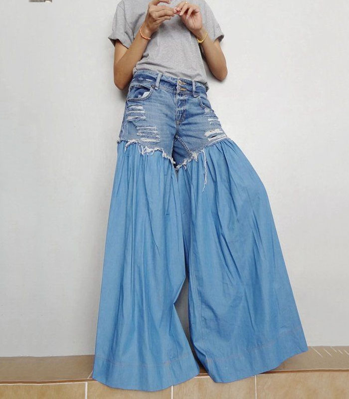 Wide Legs Jeans Frayed Distressed Jeans,Unique Bell Bottom Light weight Denim Cotton in Light Blue