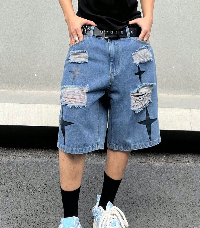 Men's Star Print Ripped Casual Denim Shorts Baggy Jorts Graphic Cross Plain Navy Blue
