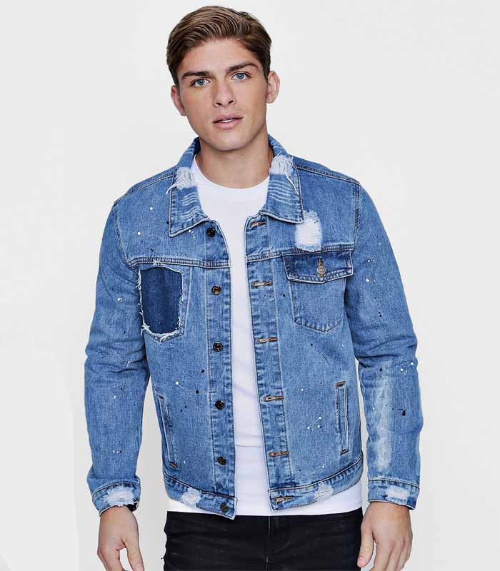 Men’s Spray-Painted Ripped Raw-Hem Washed Denim Jacket