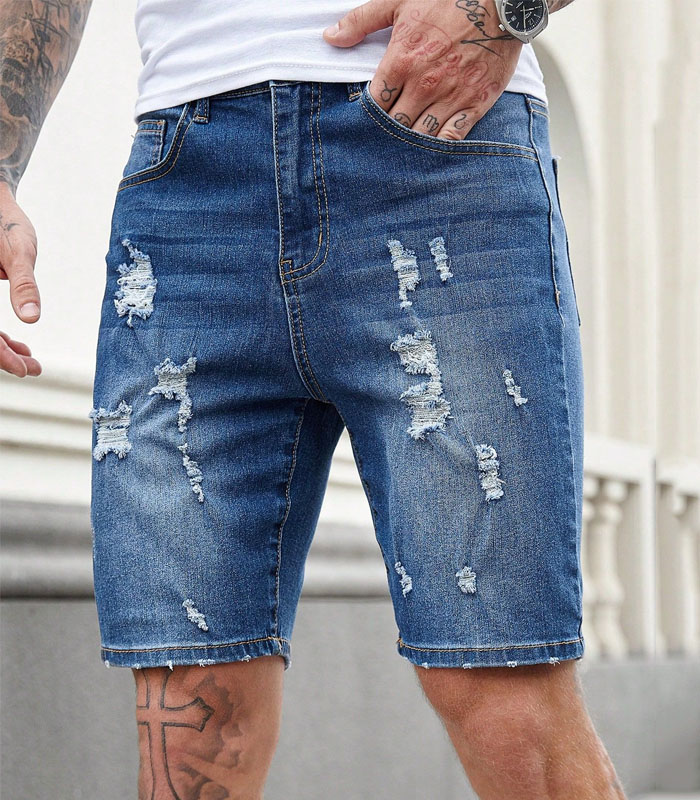 Men Distressed Dark Blue Stretch Skinny Fit Shorts