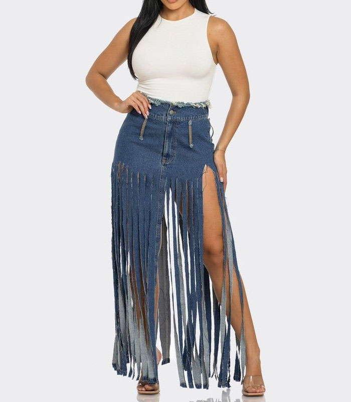 Bohemian Rhapsody Fringe Denim Skirt