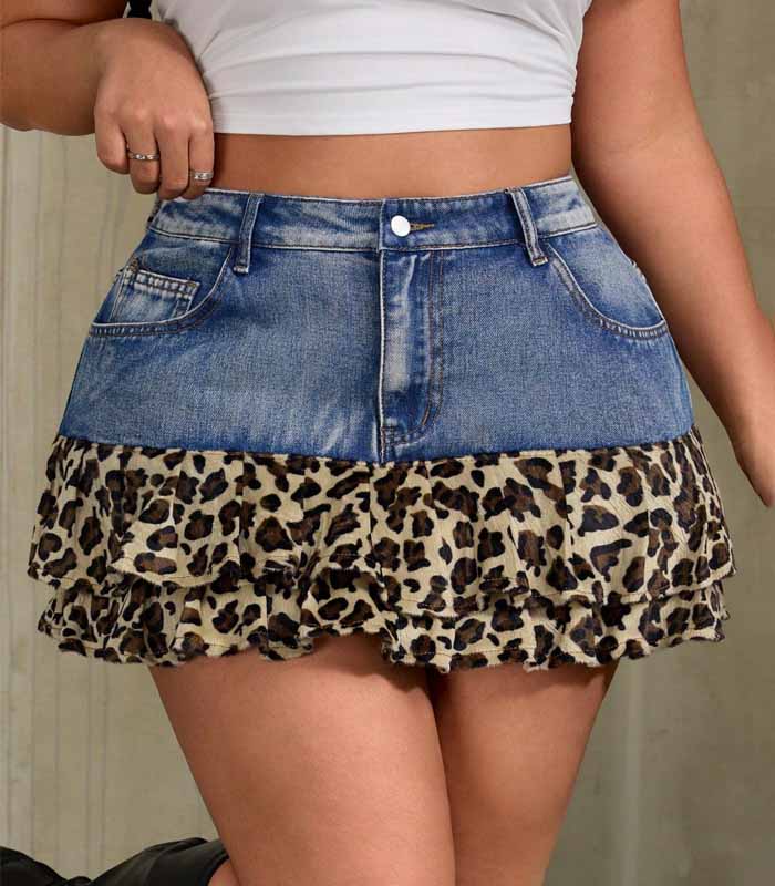 Plus Size Women Leopard Print Ruffle Hem Fashion Denim Mini Skirt