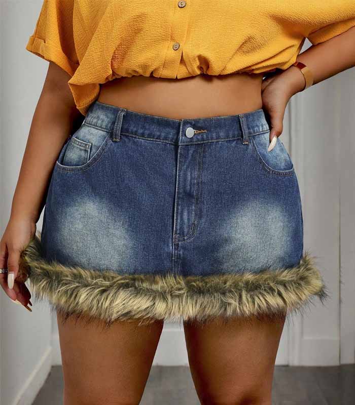 Plus Size Fashionable Fuzzy Decor Denim Mini Skirt